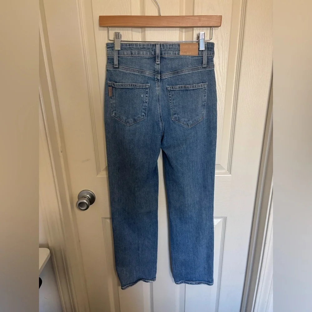 PAIGE Sarah Slim Straight Jeans Effortless Parisian Denim ripped and worn denim